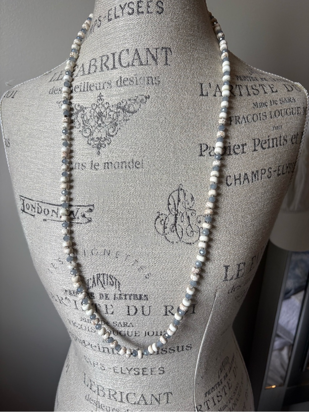 Hand Crafted Neutral Beaded Long Necklace - Cream & Gray